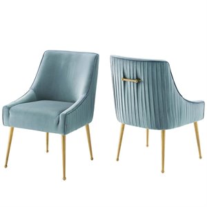 Pemberly Row Pleated Upholstered Velvet Dining Chair in Light Blue (Set of 2)