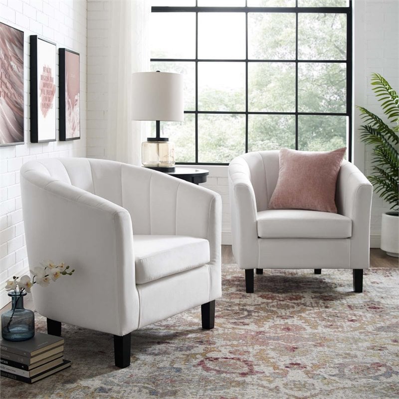 Pemberly Row Channel Tufted Velvet Armchair in White (Set of 2)