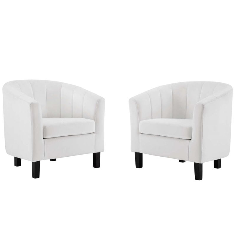 Pemberly Row Channel Tufted Velvet Armchair in White (Set of 2)