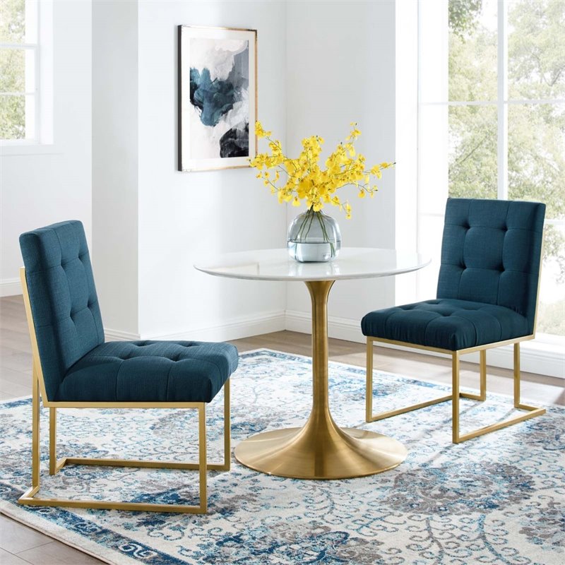 Pemberly Row Upholstered Dining Accent Chair in Gold and Azure (Set of 2)