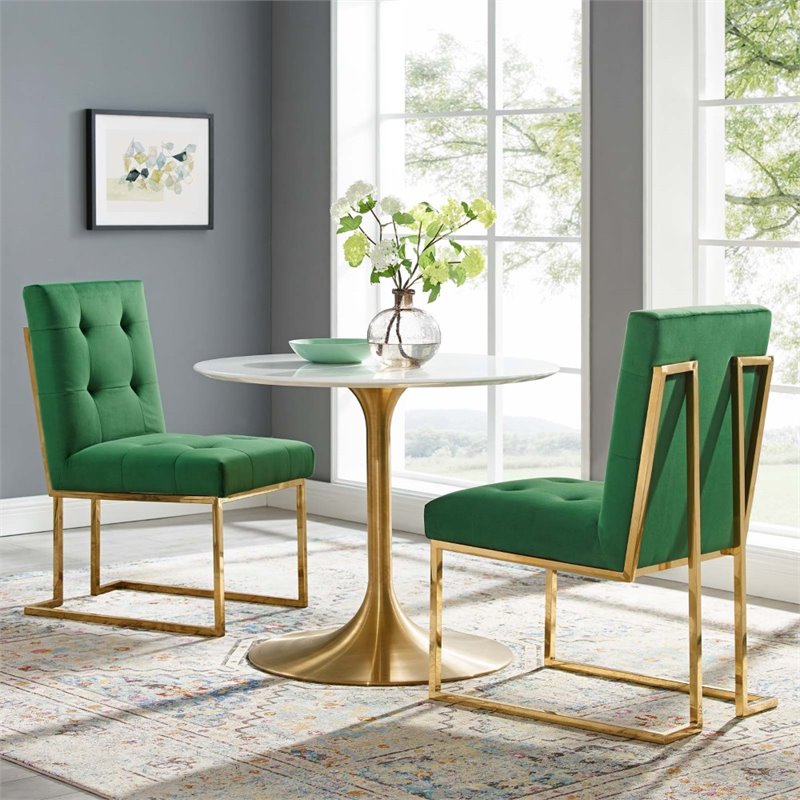 Pemberly Row Velvet Dining Chair in Gold and Emerald (Set of 2)