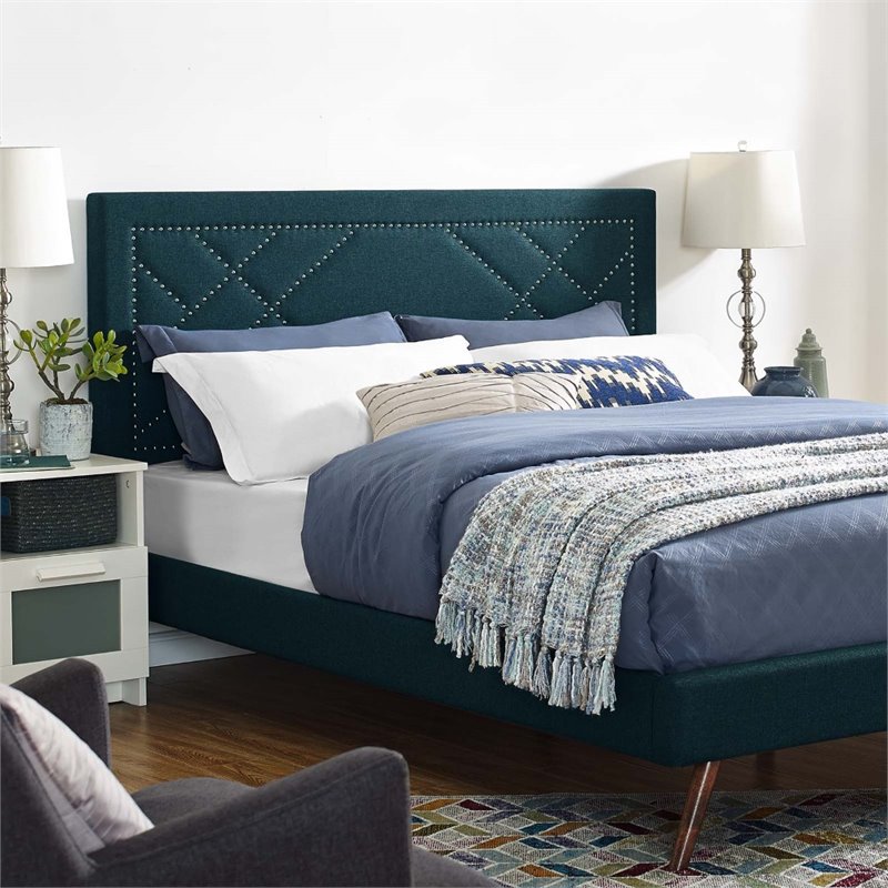 Pemberly Row Nailhead Upholstered Linen Full Queen Headboard in Azure