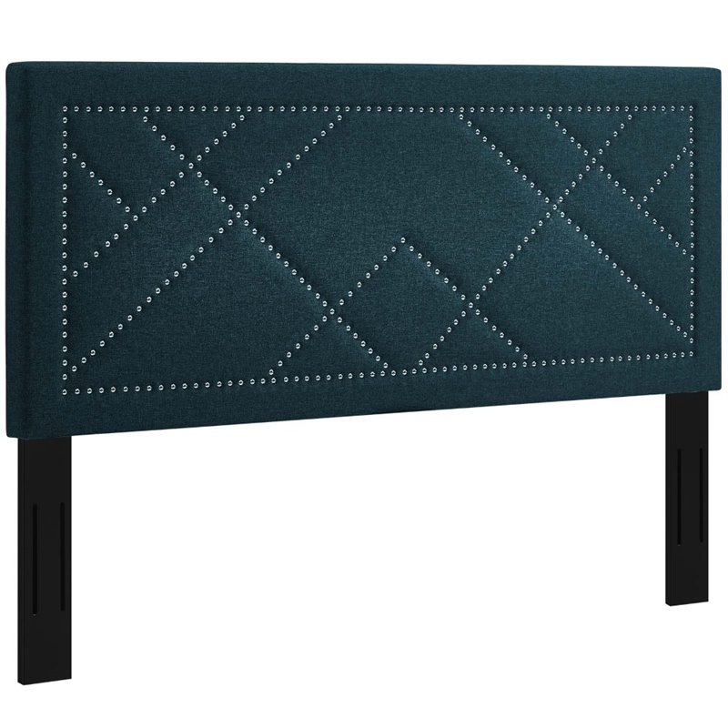 Pemberly Row Nailhead Upholstered Linen Full Queen Headboard in Azure