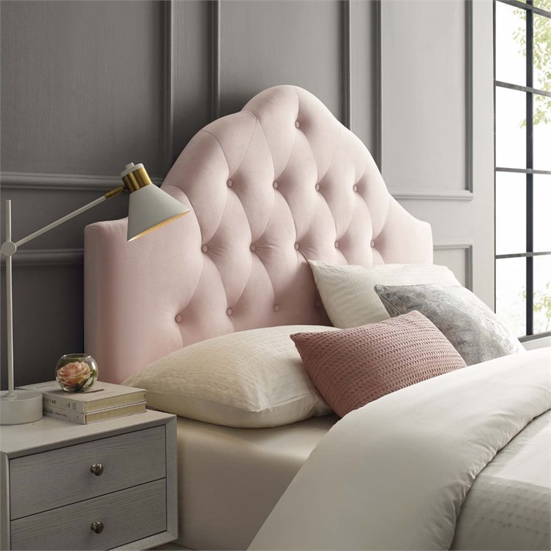 Pemberly Row Modern Diamond Tufted Velvet Queen Headboard in Pink