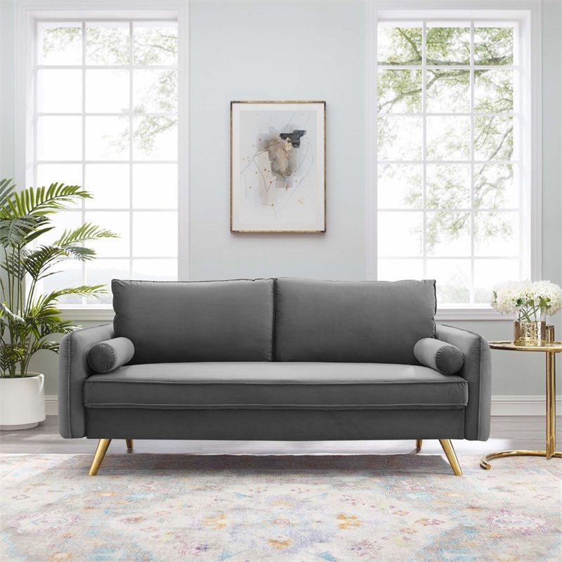 Pemberly Row Contemporary Performance Velvet Upholstered Sofa in Gray