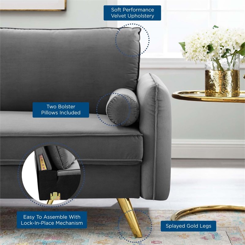 Pemberly Row Contemporary Performance Velvet Upholstered Sofa in Gray