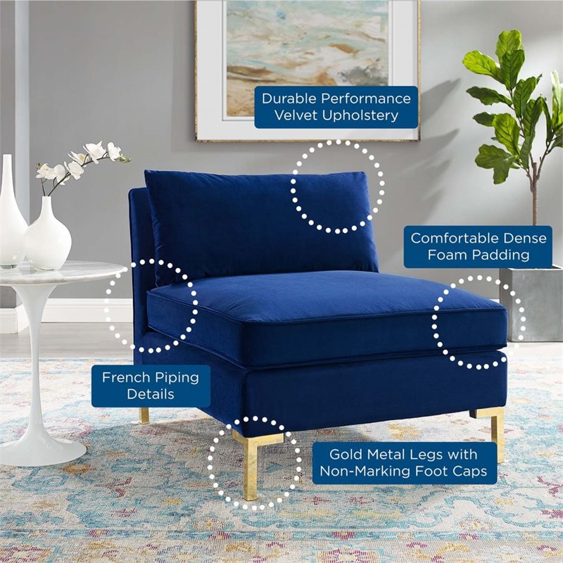 Pemberly Row Performance Velvet Upholstered Armless Sectional Chair in Navy
