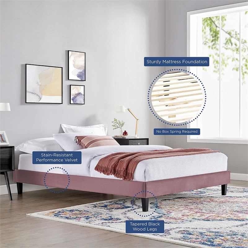 Pemberly Row Modern Performance Velvet Queen Platform Bed Frame in Dusty Rose