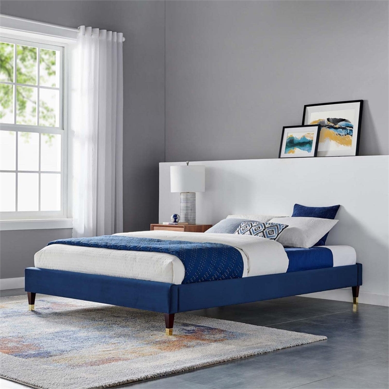 Pemberly Row Modern Performance Velvet Full Platform Bed Frame in Navy
