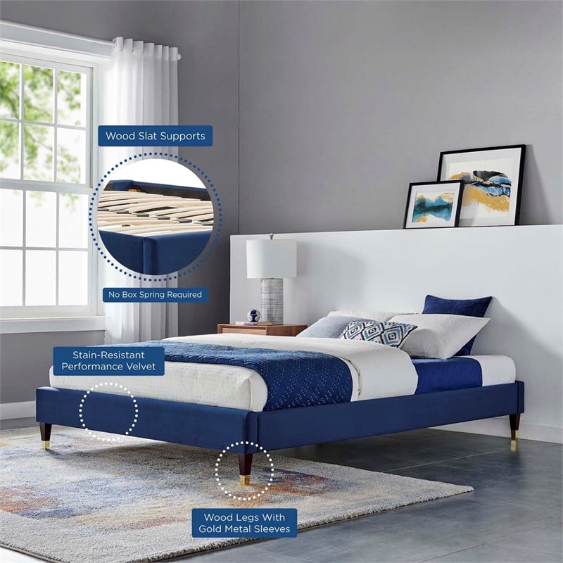 Pemberly Row Modern Performance Velvet Full Platform Bed Frame in Navy
