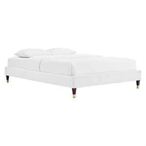 Pemberly Row Modern Performance Velvet Queen Platform Bed Frame in White