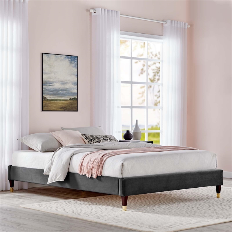 Pemberly Row Modern Performance Velvet King Platform Bed Frame in Charcoal