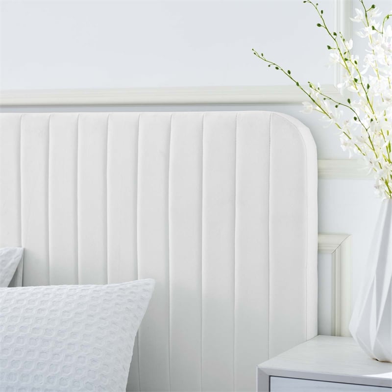 Pemberly Row Modern Velvet Channel Tufted Performance Full Platform Bed in White