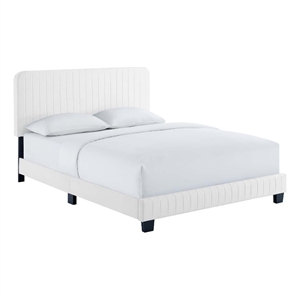 Pemberly Row Modern Velvet Channel Tufted Performance Full Platform Bed in White