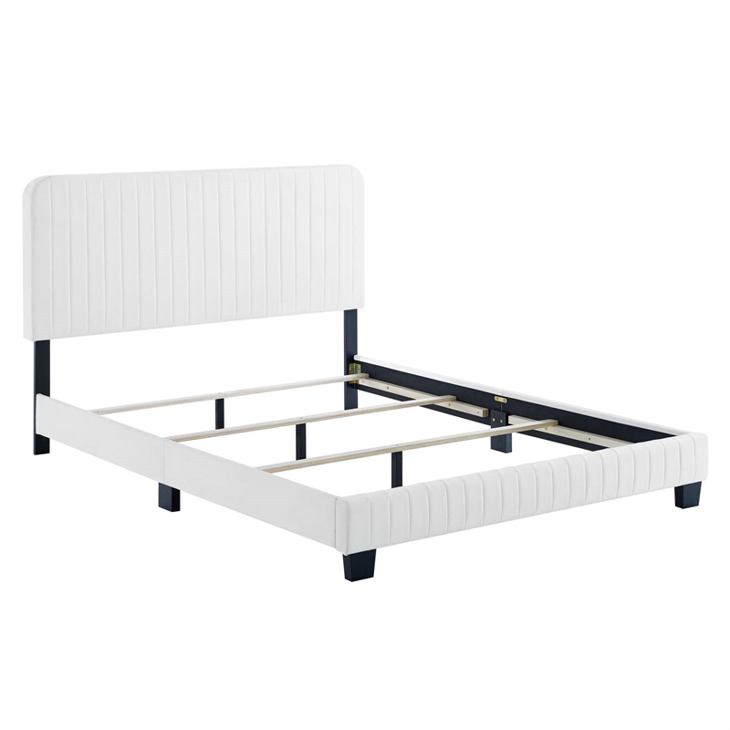 Pemberly Row Modern Velvet Channel Tufted Performance King Bed in White