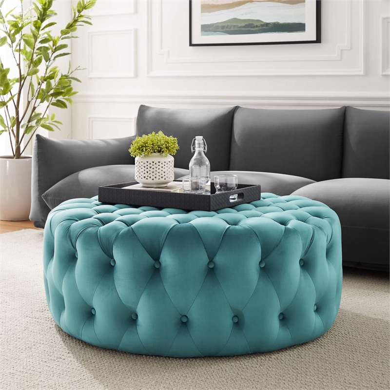 Pemberly Row Round Button Tufted Performance Velvet Ottoman in Sea Blue