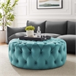Pemberly Row Round Button Tufted Performance Velvet Ottoman in Sea Blue