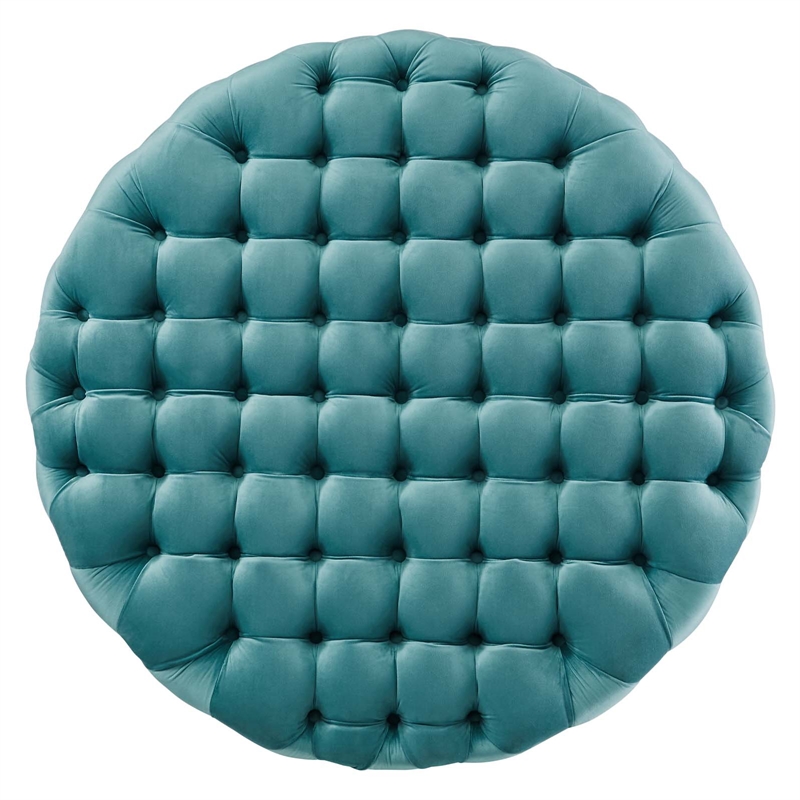 Pemberly Row Round Button Tufted Performance Velvet Ottoman in Sea Blue