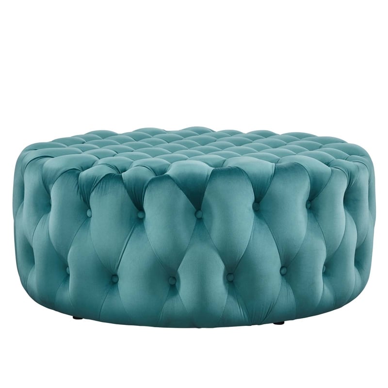 Pemberly Row Round Button Tufted Performance Velvet Ottoman in Sea Blue