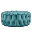 Pemberly Row Round Button Tufted Performance Velvet Ottoman in Sea Blue