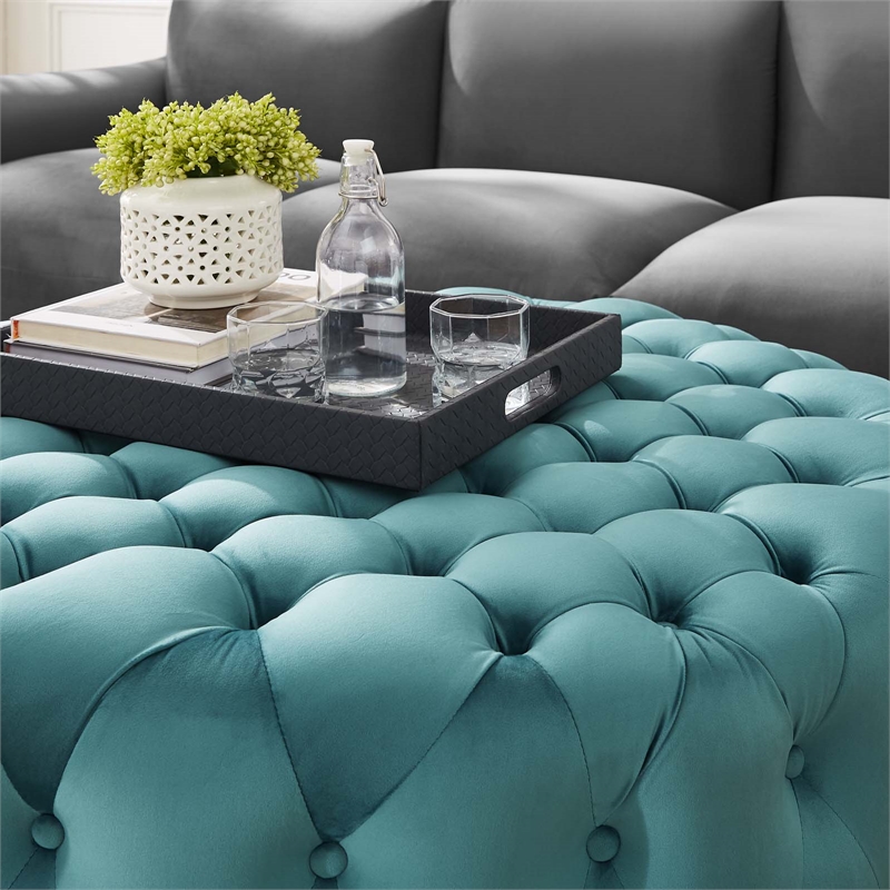 Pemberly Row Round Button Tufted Performance Velvet Ottoman in Sea Blue