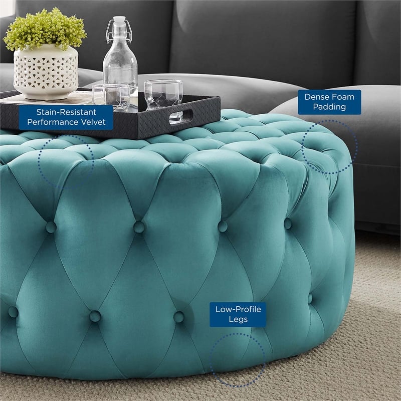 Pemberly Row Round Button Tufted Performance Velvet Ottoman in Sea Blue