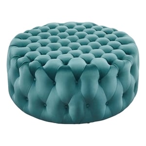 Pemberly Row Round Button Tufted Performance Velvet Ottoman in Sea Blue