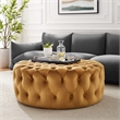 Pemberly Row Round Button Tufted Performance Velvet Ottoman in Cognac Brown