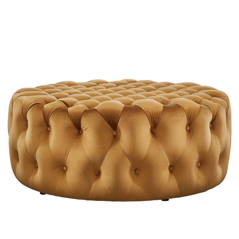 Pemberly Row Round Button Tufted Performance Velvet Ottoman in Cognac Brown