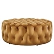 Pemberly Row Round Button Tufted Performance Velvet Ottoman in Cognac Brown