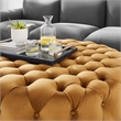 Pemberly Row Round Button Tufted Performance Velvet Ottoman in Cognac Brown