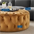 Pemberly Row Round Button Tufted Performance Velvet Ottoman in Cognac Brown
