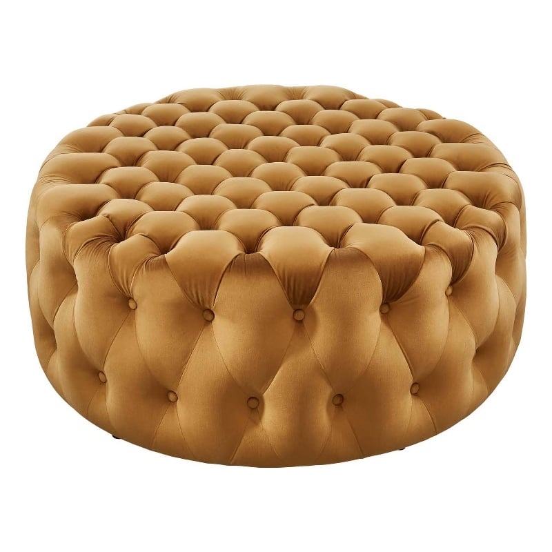 Pemberly Row Round Button Tufted Performance Velvet Ottoman in Cognac Brown