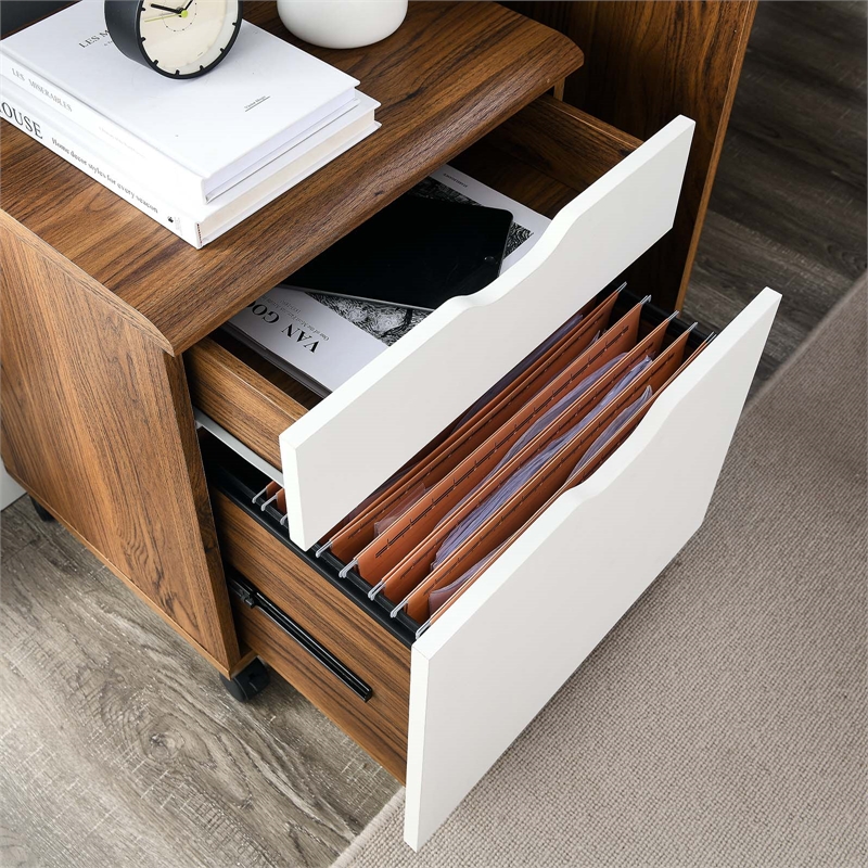 Pemberly Row Wood File Cabinet with Plastic Casters in Walnut/White