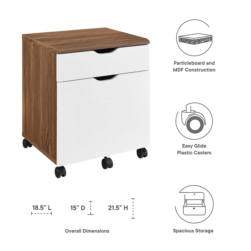 Pemberly Row Wood File Cabinet with Plastic Casters in Walnut/White