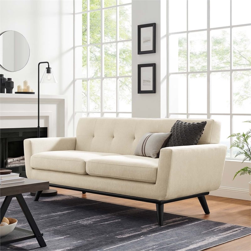 Pemberly Row Tufted Back Upholstered Fabric Loveseat in Beige