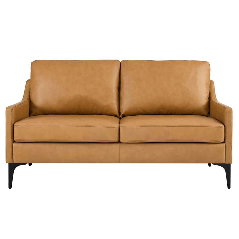 Pemberly Row Modern Style Leather and Metal Loveseat in Tan Finish