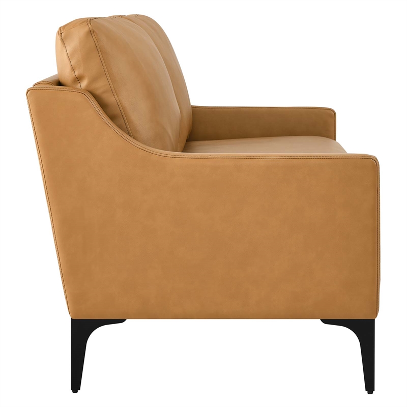 Pemberly Row Modern Style Leather and Metal Loveseat in Tan Finish