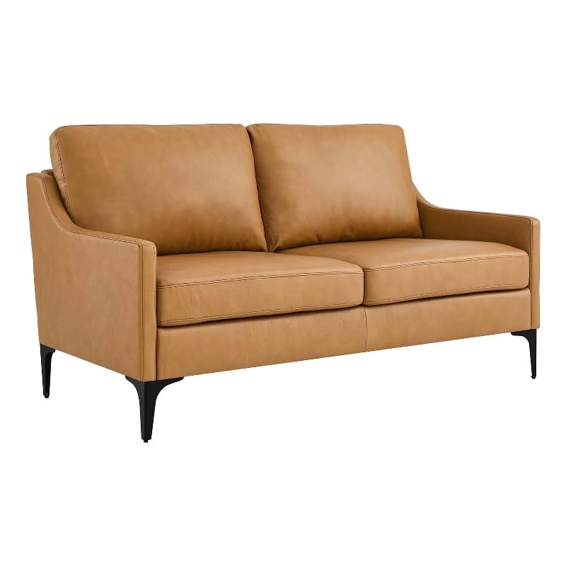Pemberly Row Modern Style Leather and Metal Loveseat in Tan Finish