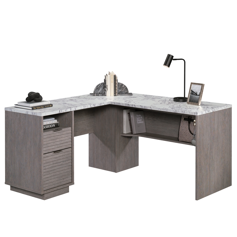 Pemberly Row Engineered Wood L-Shaped Desk in Ashen Oak Finish