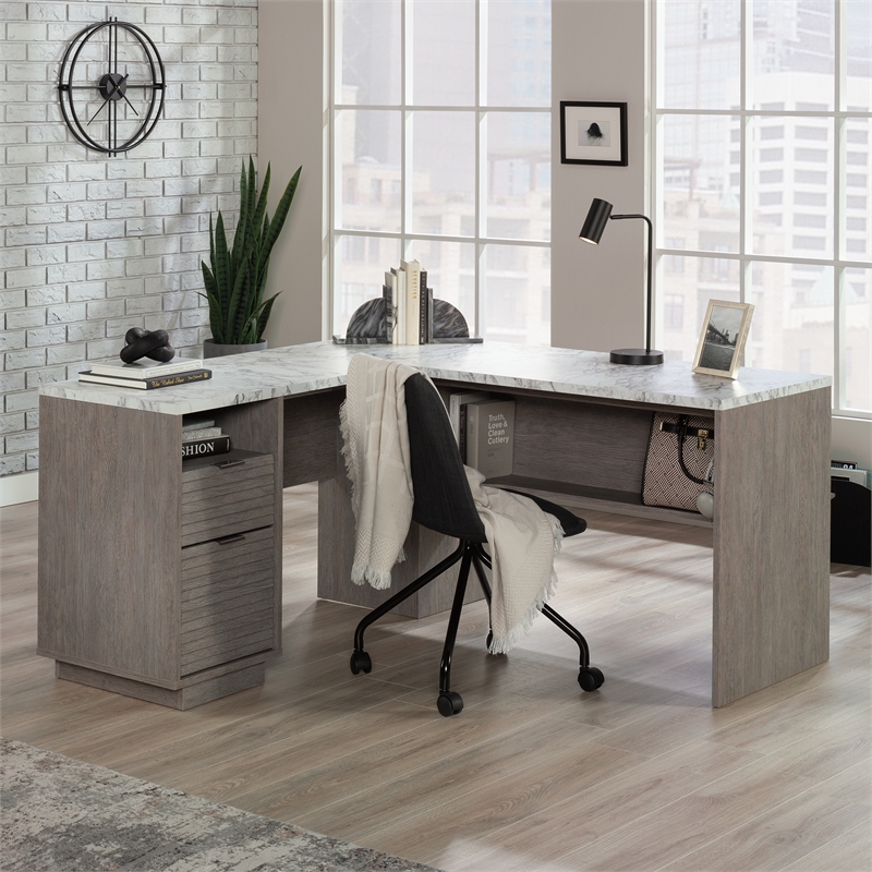 Pemberly Row Engineered Wood L-Shaped Desk in Ashen Oak Finish