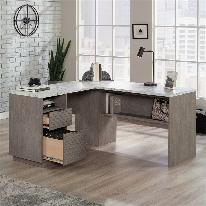 Pemberly Row Engineered Wood L-Shaped Desk in Ashen Oak Finish