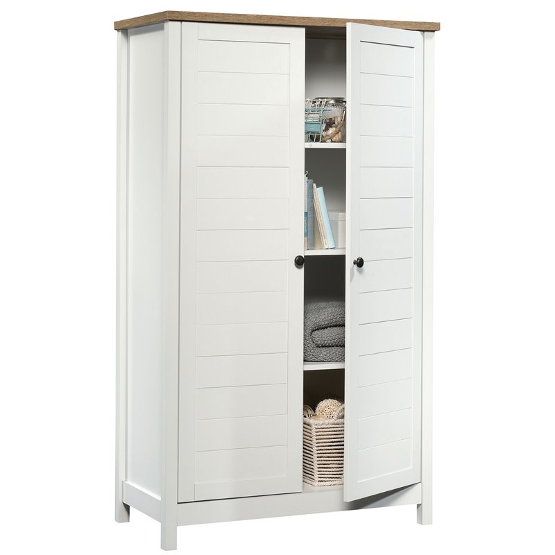 Pemberly Row Contemporary Tall Wood Storage Cabinet in Soft white