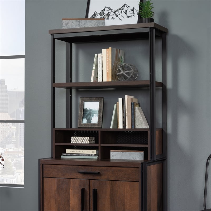 Pemberly Row Engineered Wood and Metal Utility Hutch in Barrel Oak