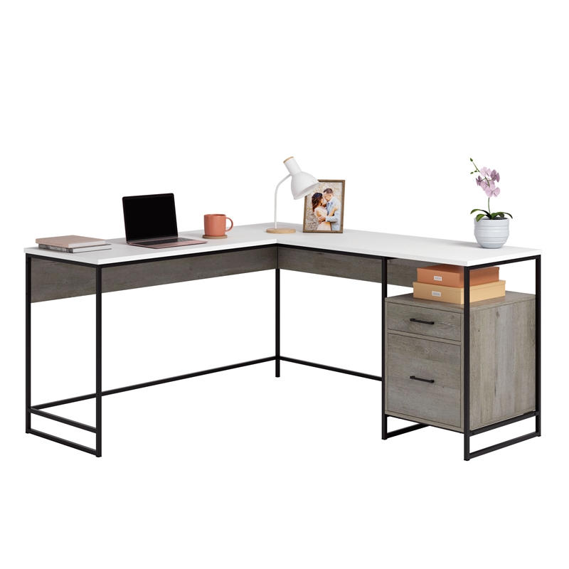 Pemberly Row Contemporary Engineered Wood/Metal L-Desk in Mystic Oak