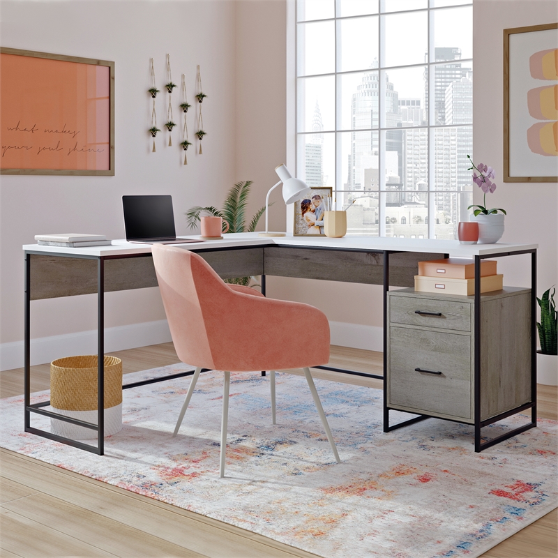 Pemberly Row Contemporary Engineered Wood/Metal L-Desk in Mystic Oak