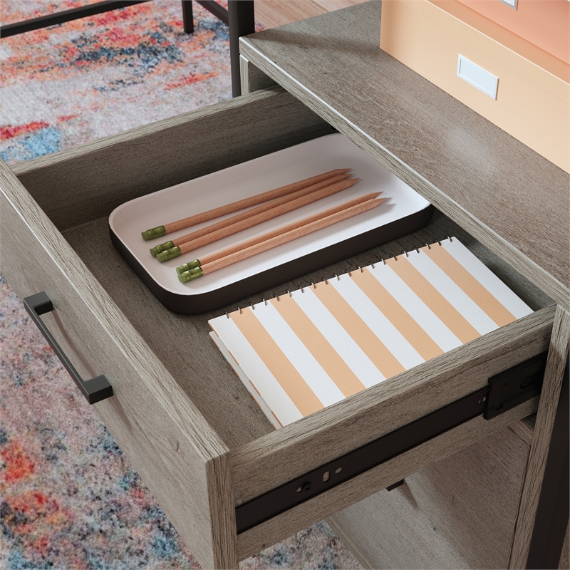 Pemberly Row Contemporary Engineered Wood/Metal L-Desk in Mystic Oak