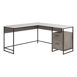 Pemberly Row Contemporary Engineered Wood/Metal L-Desk in Mystic Oak