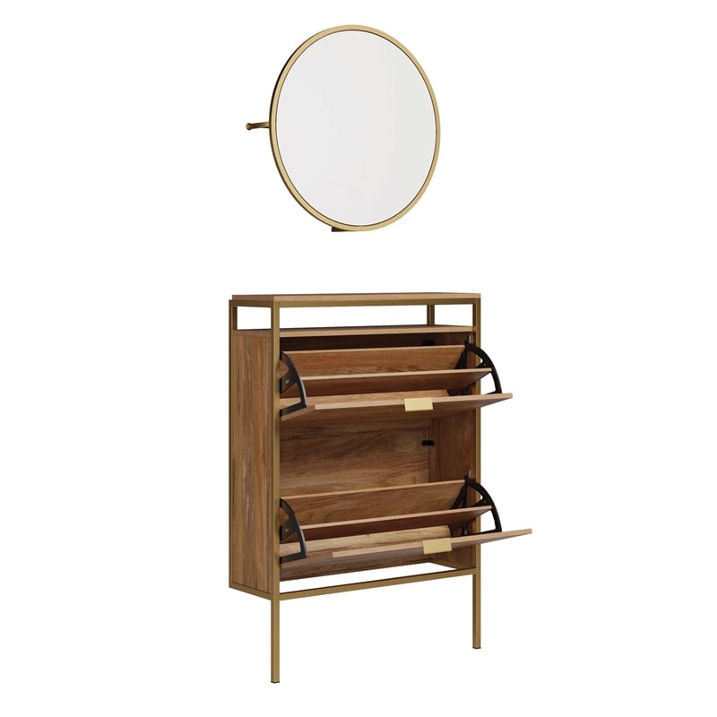 Pemberly Row Engineered Wood Shoe Organizer/Mirror in Natural Finish