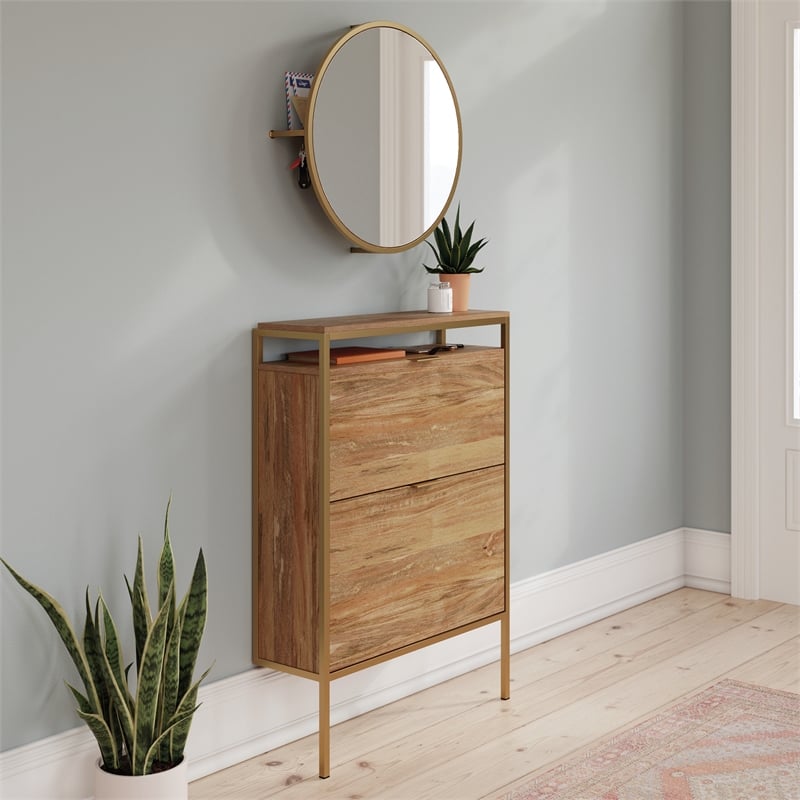 Pemberly Row Engineered Wood Shoe Organizer/Mirror in Natural Finish